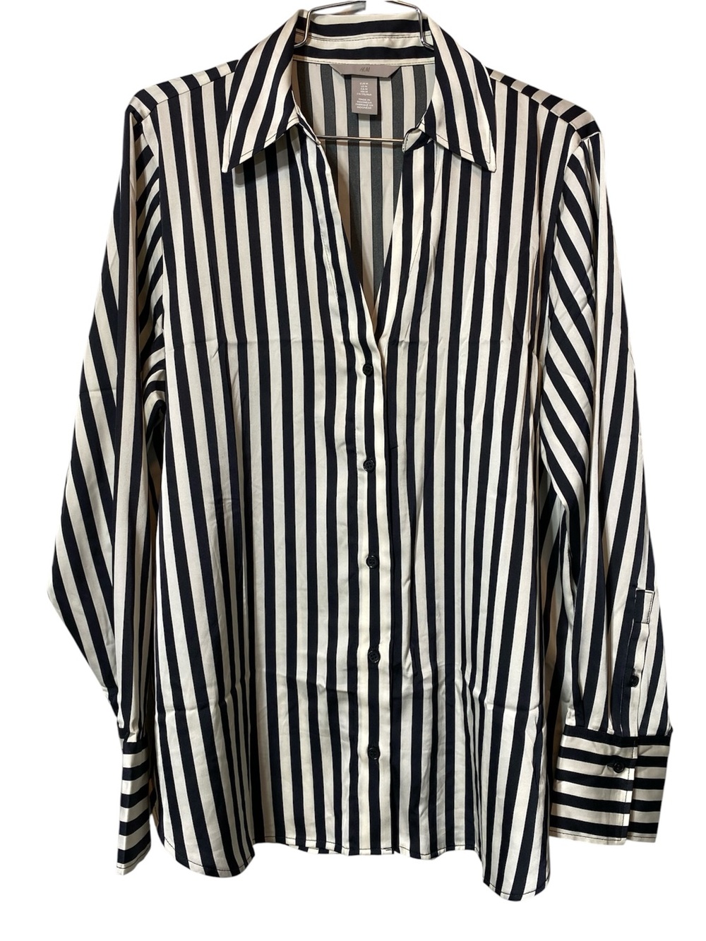 H&M Stripe V Neck Satin Button Up Shirt